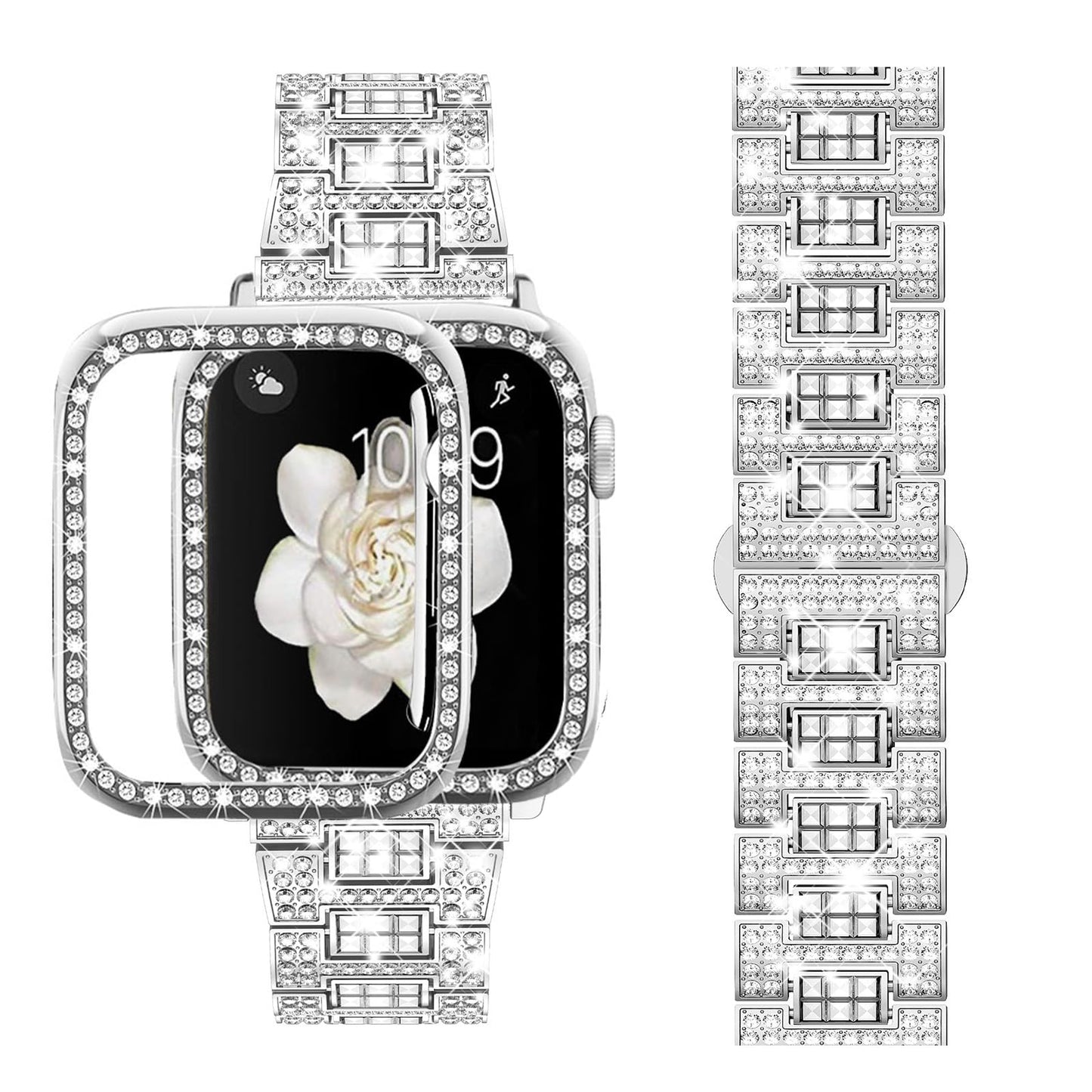 Supoix Compatible with Apple Watch Band 38mm 40mm 41mm 42mm 44mm 45mm 46mm 49mm+ Case, Women Jewelry Bling Diamond Rhinestone Replacement Metal Bands & 2 Pack PC Protector Case for iWatch Ultra 2/ Ultra Series 10/9/8/7/6/5/4/3/2/1/SE