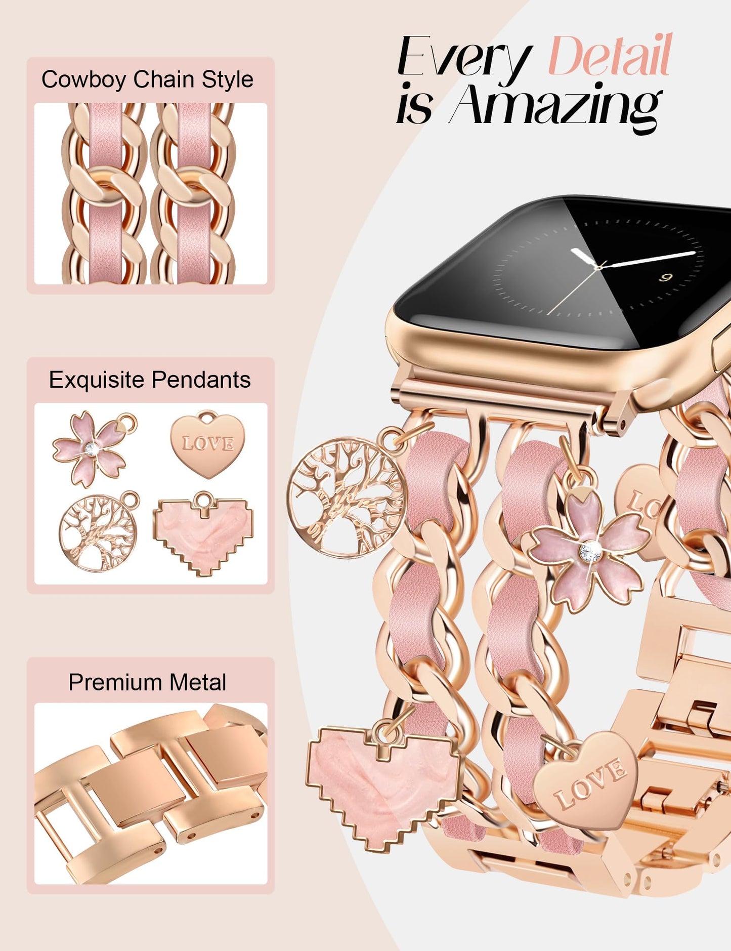 Silver Watch Bands for Women Compatible with Apple Watch Band 38mm 40mm 41mm 42mm (S10) Adjustable Unique Charms Metal Strap Cowboy Chain Bracelet for iWatch Series 10/9/8/7/6/5/4/3/2/1/SE