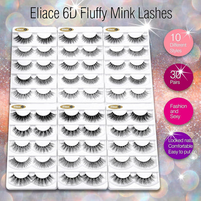 False Eyelashes Natural look Cat Eye Lashes Wispy Strips,6D Volume Mink lashes 30 Pairs 10 Mixed Styles Fake Eyelashes Pack, Wispy Eyelash Soft Reusable Dramatic Fluffy Beauty Lash